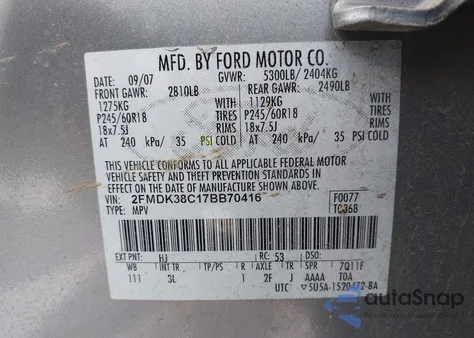 2007 Ford Edge Sel from USA, damaged, VIN 2FMDK38C17BB70416